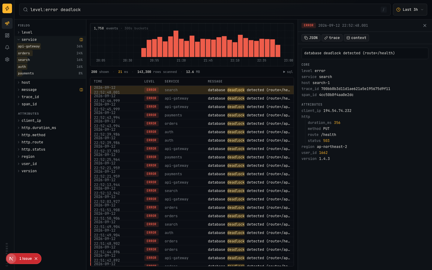 clickpower Discover: histogram, field sidebar, virtualized log table and detail panel